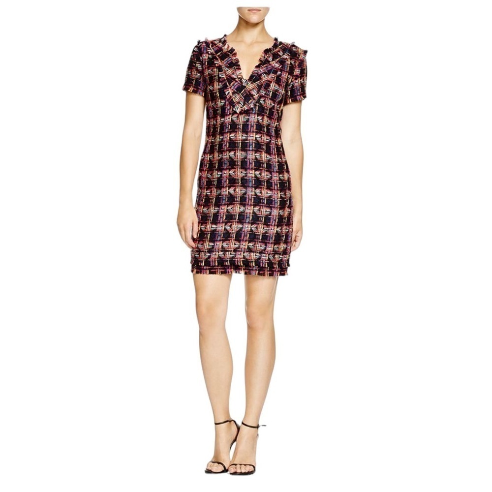 Trina Turk Leann tweed v-neck multicolor short sleeve mini dress fringe trim